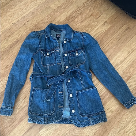 Gap belted puff sleeve denim jacket long xs - Picture 2 of 3